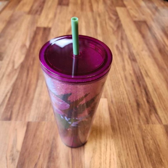 Starbucks 2022 Fall Mushroom Fern Forest Foil Tumbler Purple Gold Straw 24oz New - Picture 5 of 5